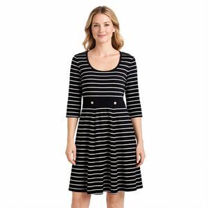 White House Black Market Dress Womens 6 Black Stripe 3/4 Sleeve Fit Flare Knee